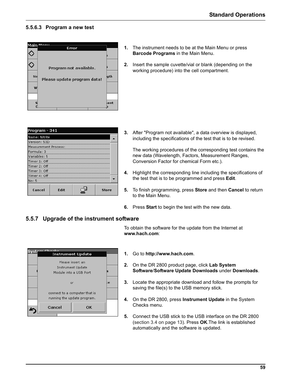 3 program a new test, 7 upgrade of the instrument software, Standard operations | Hach Portable Spectrophotometer DR 2800 User Manual | Page 59 / 126