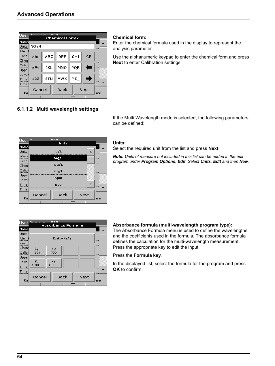 2 multi wavelength settings, Advanced operations | Hach Portable Spectrophotometer DR 2800 User Manual | Page 64 / 126