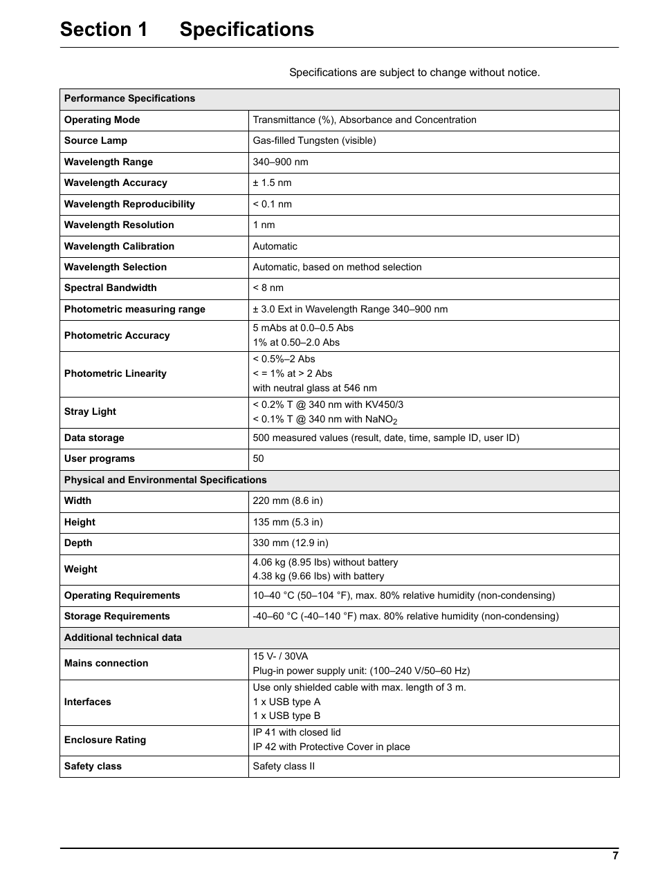 Section 1 specifications | Hach Portable Spectrophotometer DR 2800 User Manual | Page 7 / 126