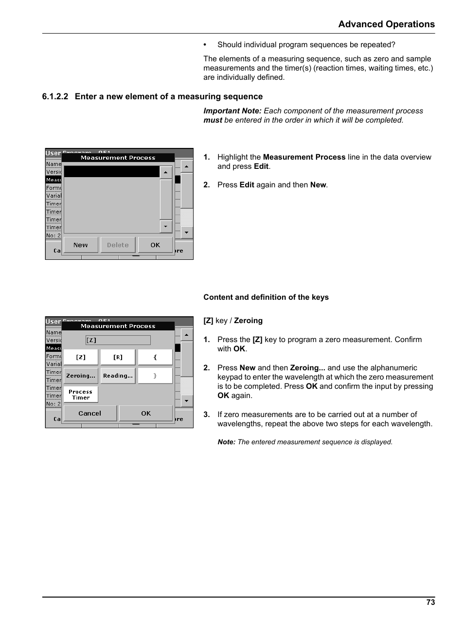 2 enter a new element of a measuring sequence, Advanced operations | Hach Portable Spectrophotometer DR 2800 User Manual | Page 73 / 126
