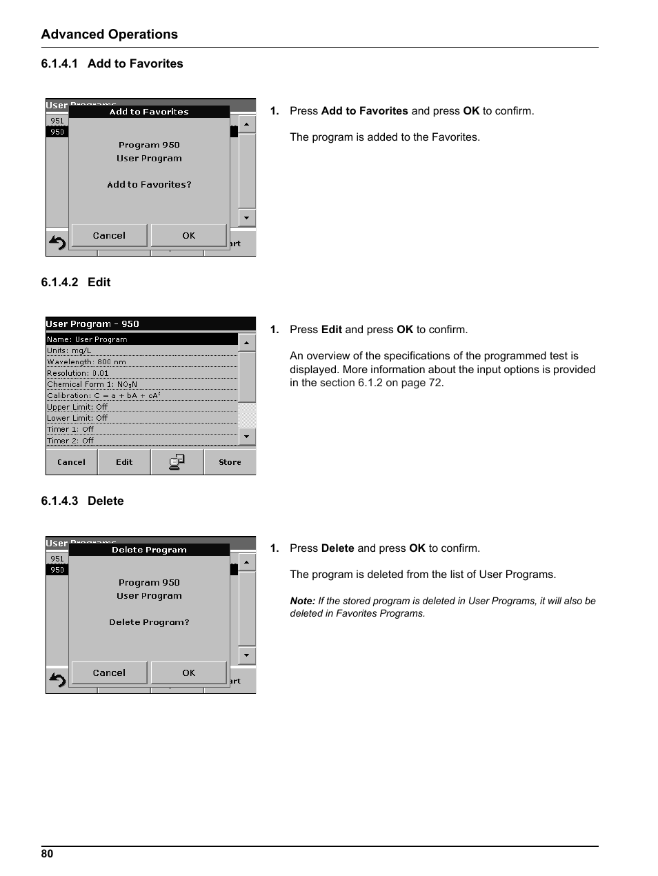 1 add to favorites, 2 edit, 3 delete | 1 add to favorites 6.1.4.2 edit 6.1.4.3 delete | Hach Portable Spectrophotometer DR 2800 User Manual | Page 80 / 126