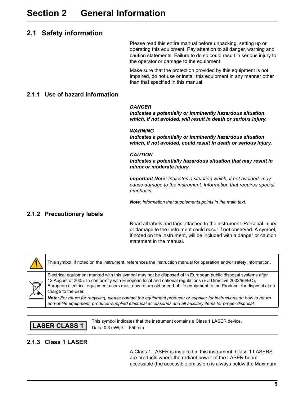 Section 2 general information, 1 safety information, 1 use of hazard information | 2 precautionary labels, 3 class 1 laser | Hach Portable Spectrophotometer DR 2800 User Manual | Page 9 / 126