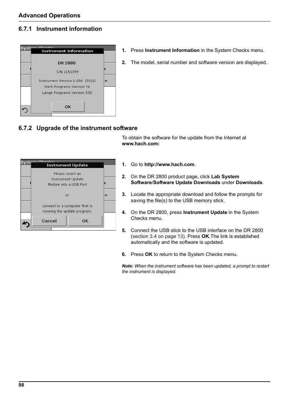 1 instrument information, 2 upgrade of the instrument software, Advanced operations 6.7.1 instrument information | Hach Portable Spectrophotometer DR 2800 User Manual | Page 98 / 126