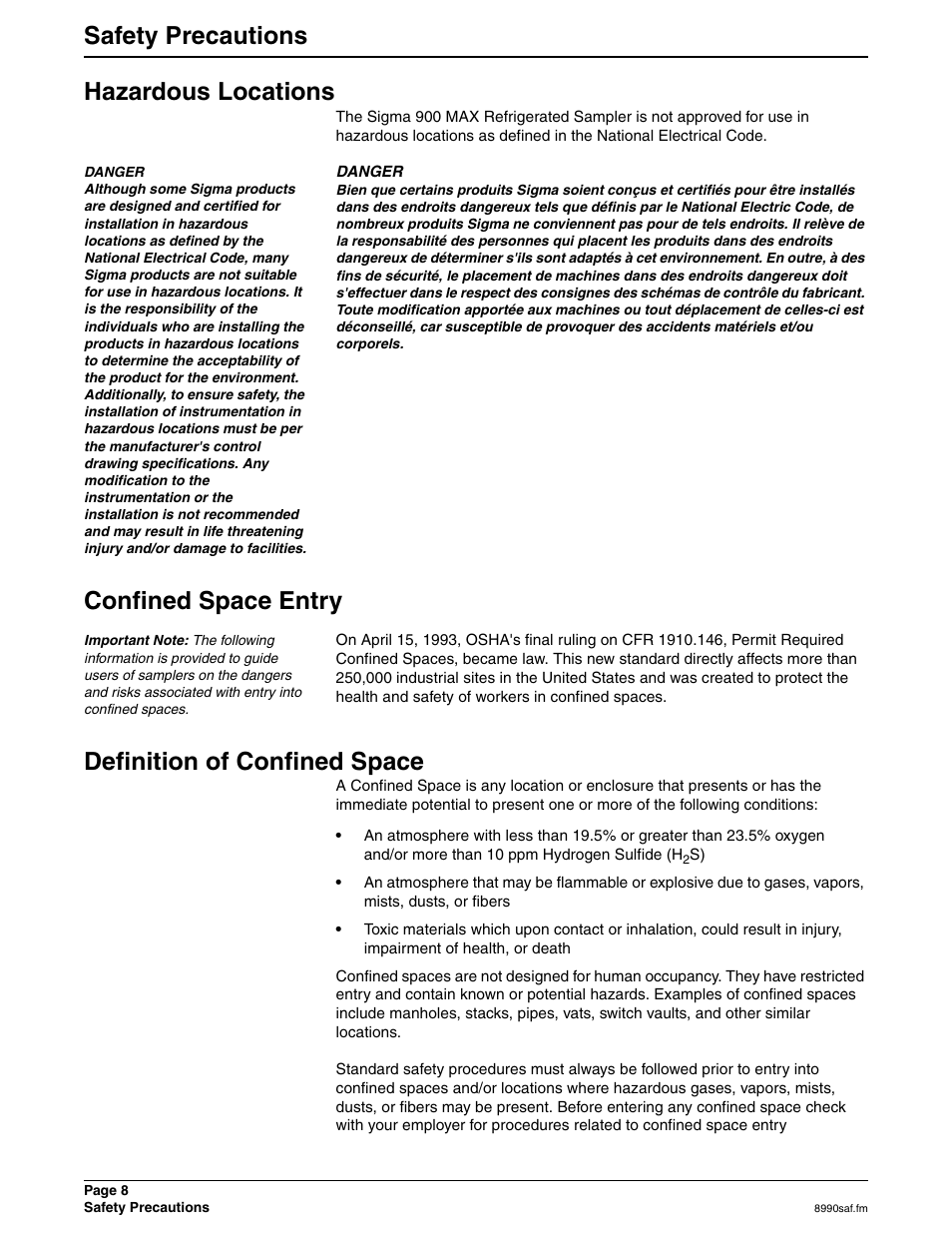 Safety precautions hazardous locations, Confined space entry, Definition of confined space | Hach 900 MAX User Manual | Page 10 / 160