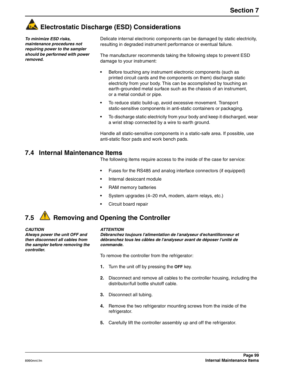 4 internal maintenance items, 5 removing and opening the controller, Electrostatic discharge (esd) considerations | Hach 900 MAX User Manual | Page 101 / 160