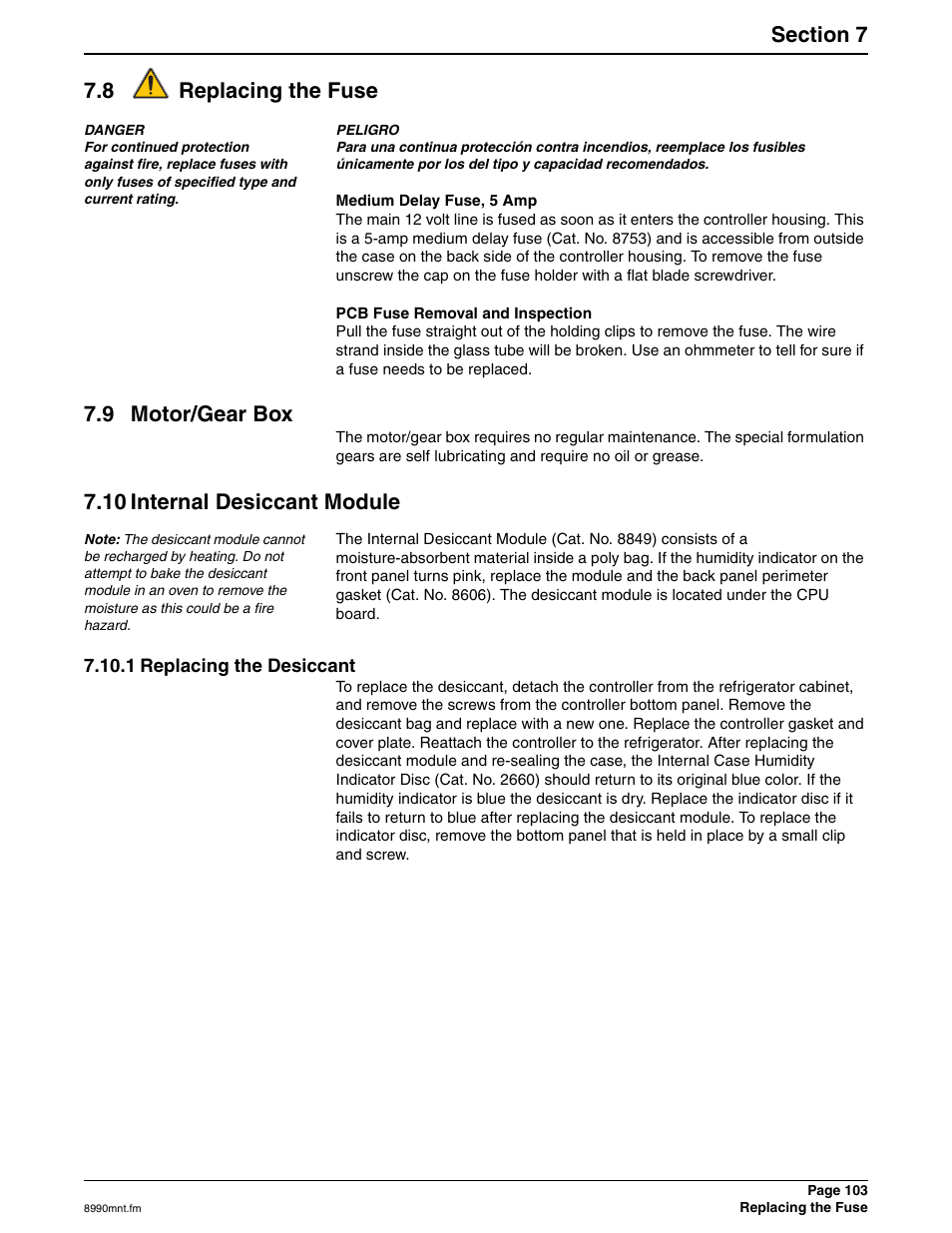 8 replacing the fuse, 9 motor/gear box, 10 internal desiccant module | 1 replacing the desiccant | Hach 900 MAX User Manual | Page 105 / 160