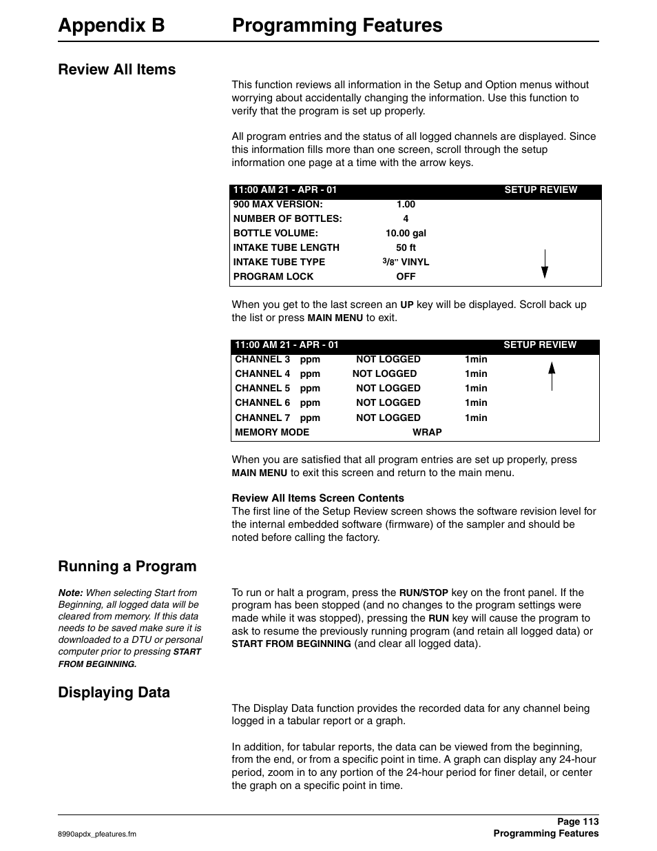 Appendix b programming features, Appendix b, Review all items running a program displaying data | Review all items, Running a program, Displaying data | Hach 900 MAX User Manual | Page 115 / 160