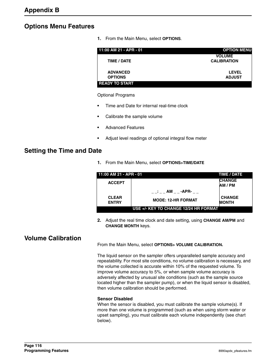 Appendix b options menu features, Setting the time and date, Volume calibration | Hach 900 MAX User Manual | Page 118 / 160