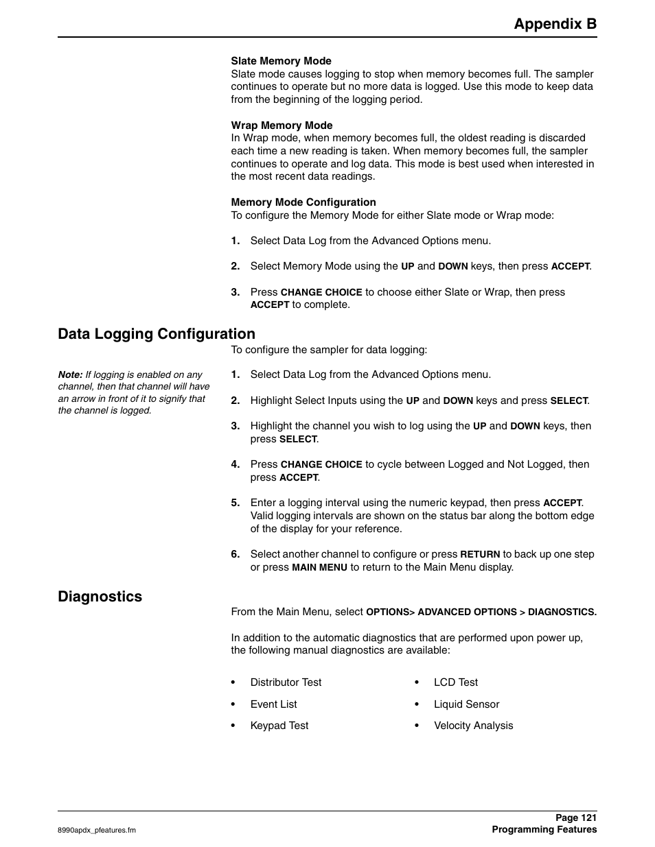 Data logging configuration diagnostics, Appendix b, Data logging configuration | Diagnostics | Hach 900 MAX User Manual | Page 123 / 160