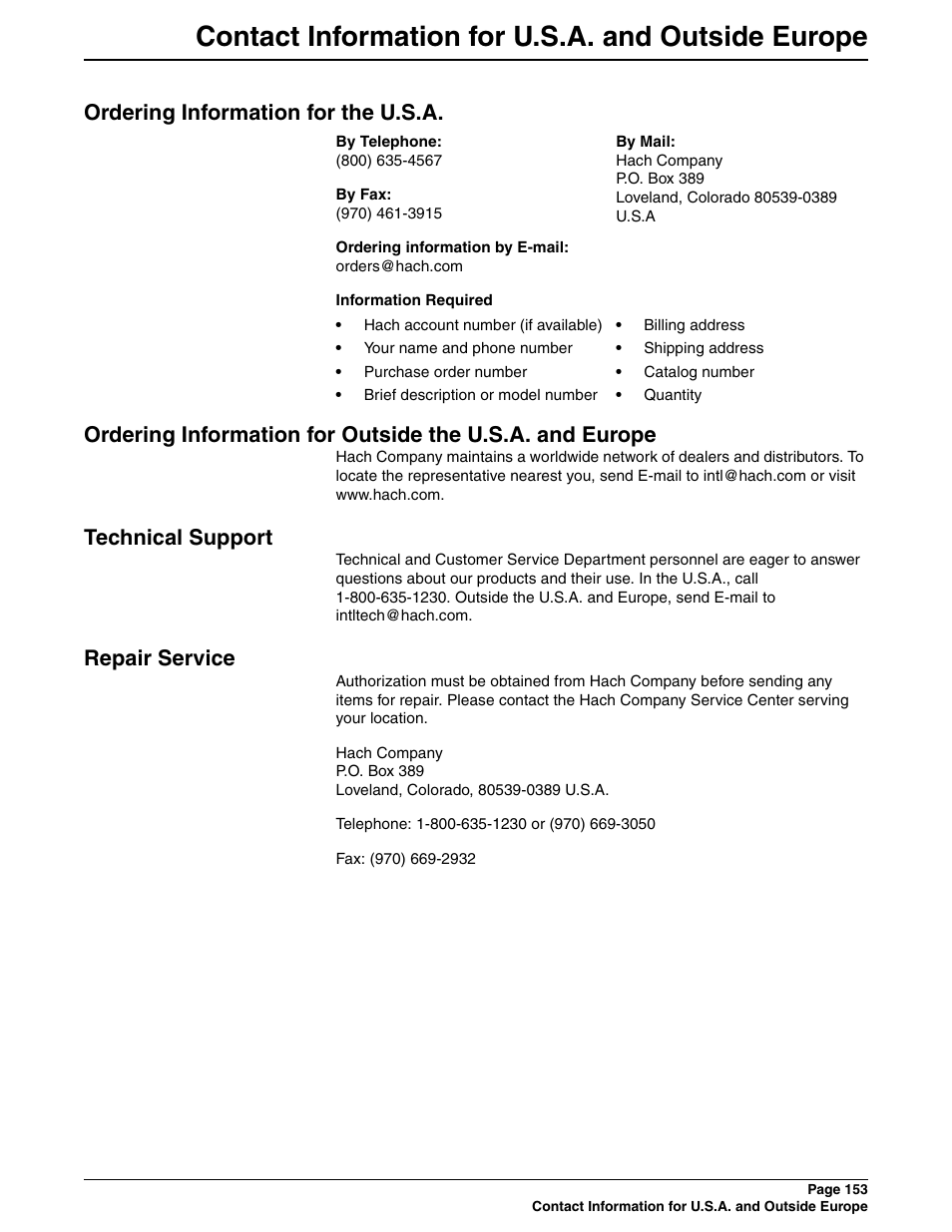 Contact information for u.s.a. and outside europe, Ordering information for the u.s.a, Technical support | Repair service | Hach 900 MAX User Manual | Page 155 / 160