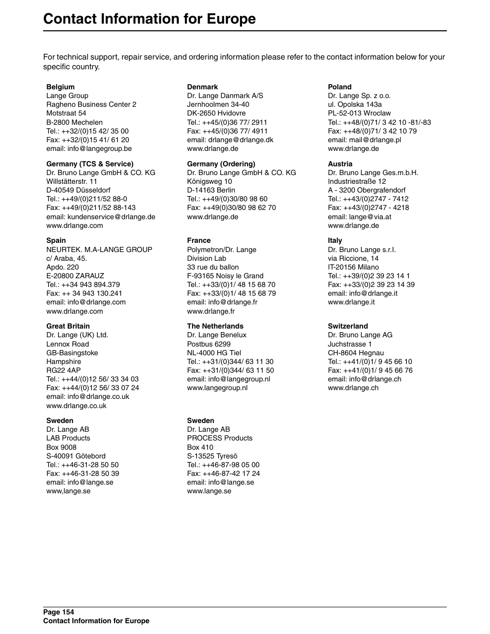 Contact information for europe | Hach 900 MAX User Manual | Page 156 / 160