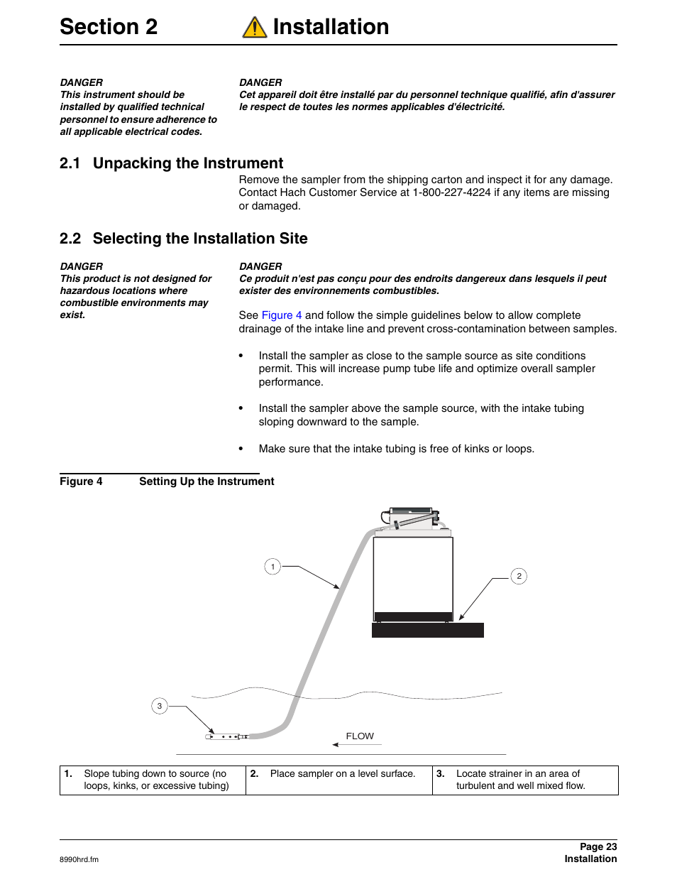 Section 2 installation, 1 unpacking the instrument, 2 selecting the installation site | Hach 900 MAX User Manual | Page 25 / 160