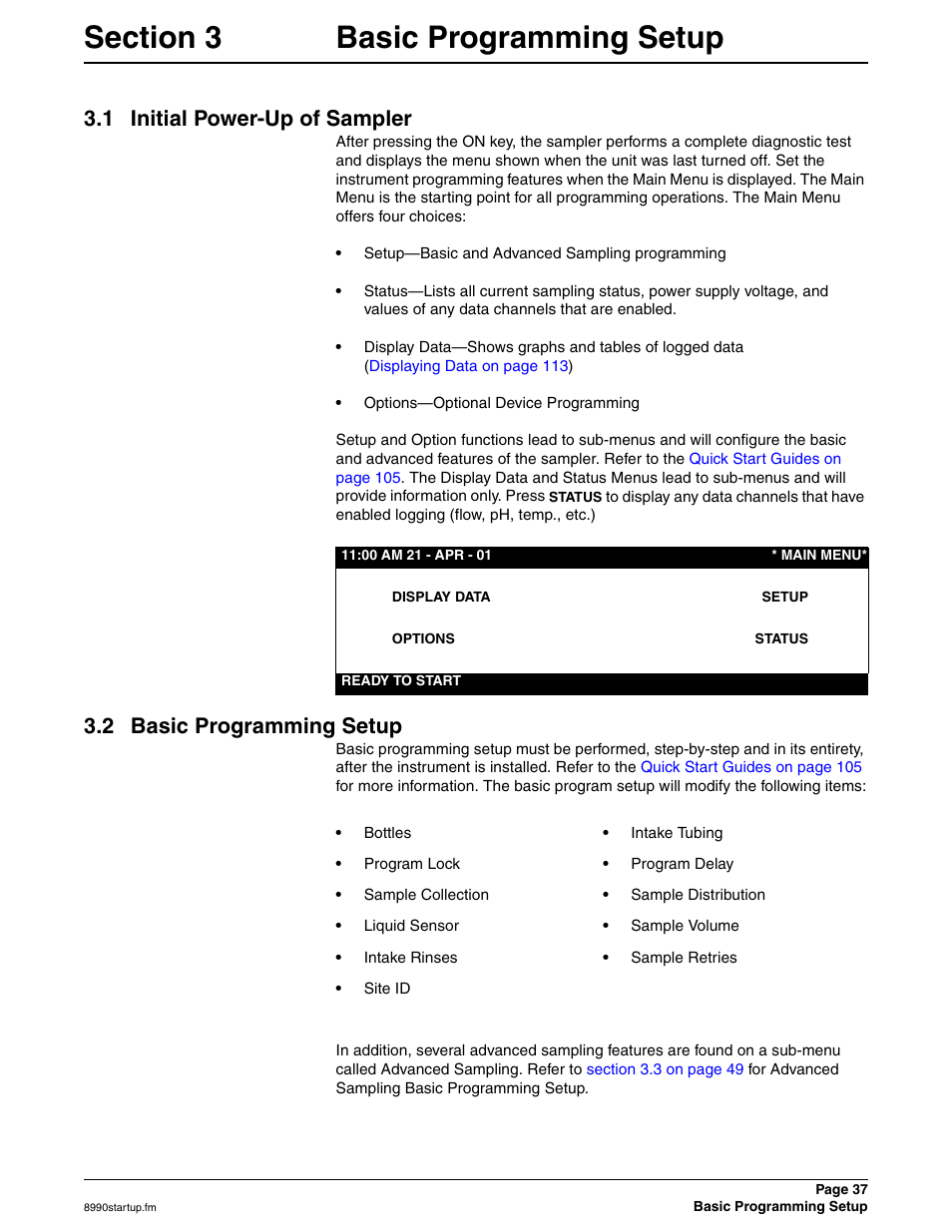 Section 3 basic programming setup, 1 initial power-up of sampler, 2 basic programming setup | Hach 900 MAX User Manual | Page 39 / 160