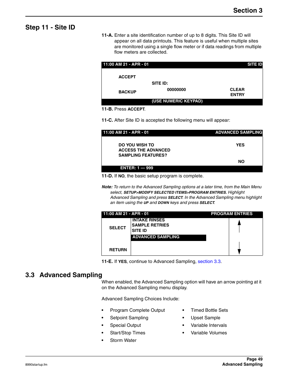 3 advanced sampling, Step 11 - site id | Hach 900 MAX User Manual | Page 51 / 160