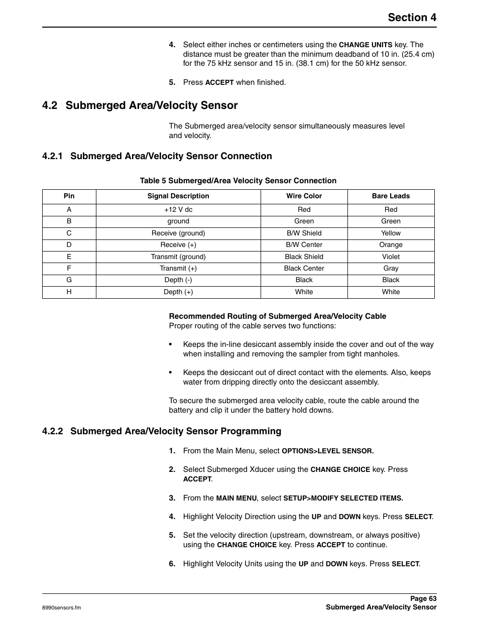 2 submerged area/velocity sensor, 1 submerged area/velocity sensor connection, 2 submerged area/velocity sensor programming | Hach 900 MAX User Manual | Page 65 / 160