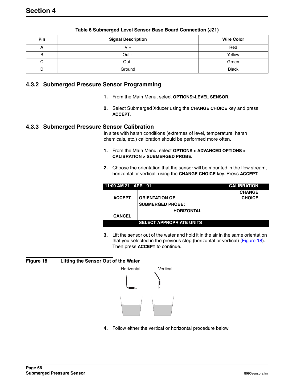 2 submerged pressure sensor programming, 3 submerged pressure sensor calibration | Hach 900 MAX User Manual | Page 68 / 160