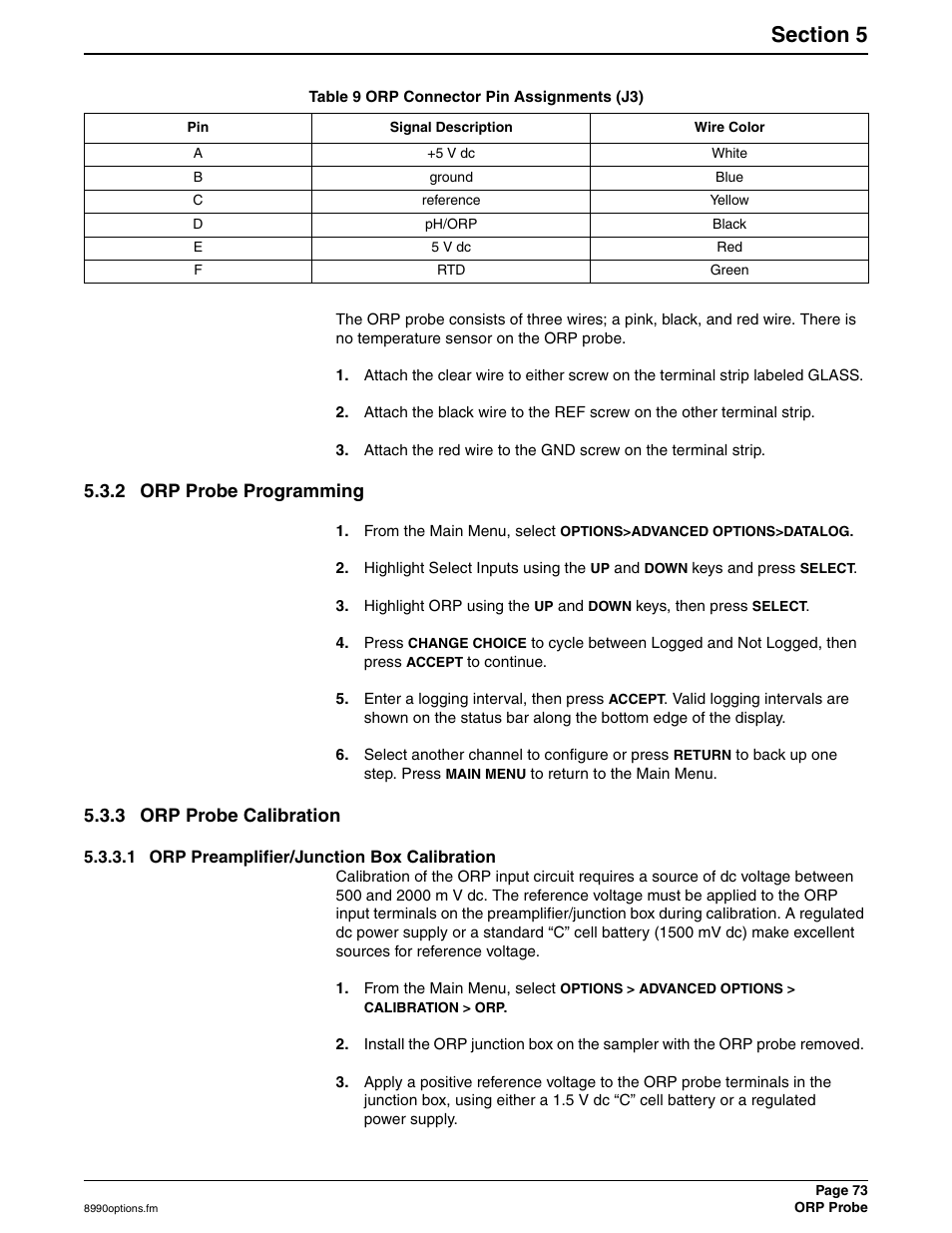 2 orp probe programming, 3 orp probe calibration, 1 orp preamplifier/junction box calibration | Hach 900 MAX User Manual | Page 75 / 160