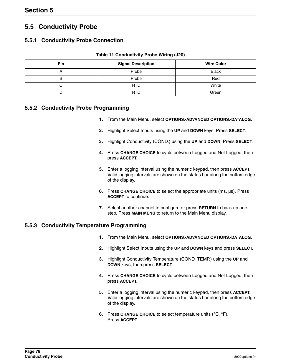 5 conductivity probe, 1 conductivity probe connection, 2 conductivity probe programming | 3 conductivity temperature programming | Hach 900 MAX User Manual | Page 78 / 160