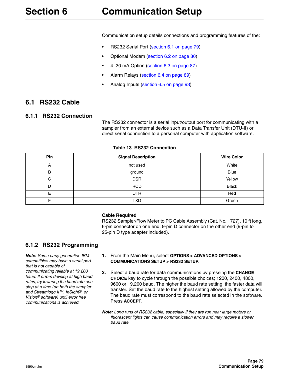 Section 6 communication setup, 1 rs232 cable, 1 rs232 connection | 2 rs232 programming | Hach 900 MAX User Manual | Page 81 / 160