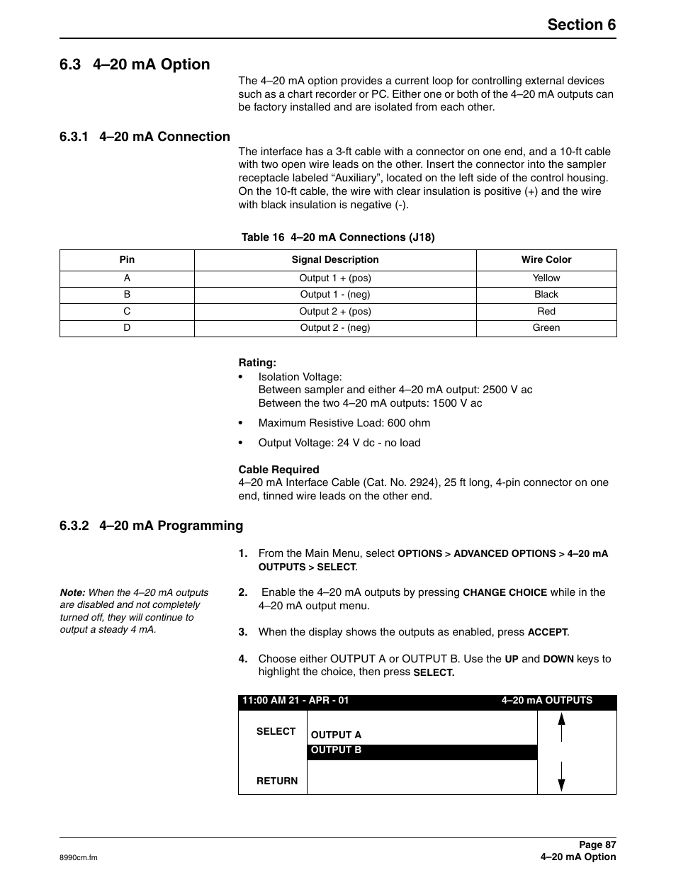 3 4-20 ma option, 1 4-20 ma connection, 2 4-20 ma programming | 3 4–20 ma option, 1 4–20 ma connection, 2 4–20 ma programming | Hach 900 MAX User Manual | Page 89 / 160