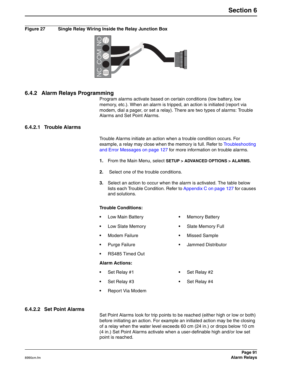 2 alarm relays programming, 1 trouble alarms, 2 set point alarms | 1 trouble alarms 6.4.2.2 set point alarms | Hach 900 MAX User Manual | Page 93 / 160