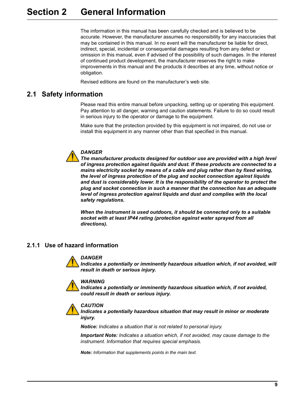 Section 2 general information, 1 safety information, 1 use of hazard information | Hach sc1000 User Manual | Page 11 / 150