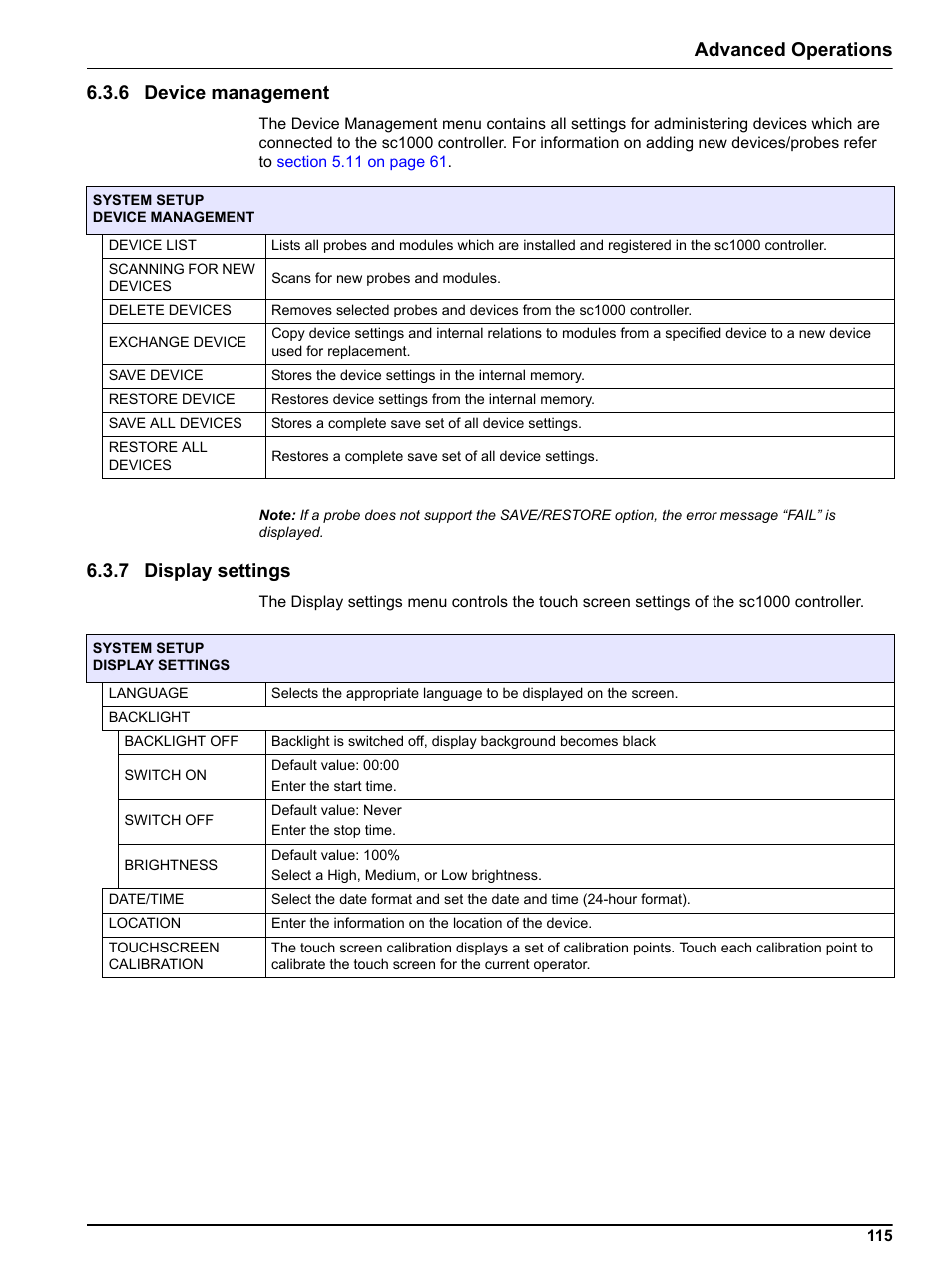 6 device management, 7 display settings, Advanced operations 6.3.6 device management | Hach sc1000 User Manual | Page 117 / 150