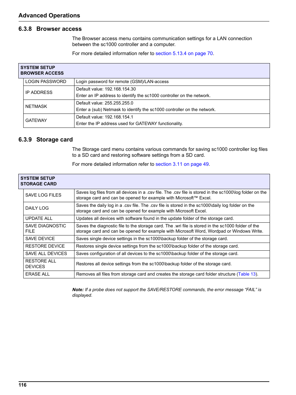 8 browser access, 9 storage card, 8 browser access 6.3.9 storage card | R to, Advanced operations 6.3.8 browser access | Hach sc1000 User Manual | Page 118 / 150
