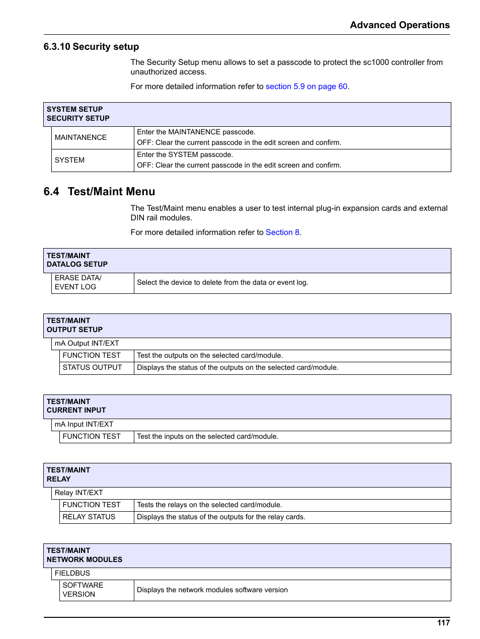 10 security setup, 4 test/maint menu, Advanced operations 6.3.10 security setup | Hach sc1000 User Manual | Page 119 / 150