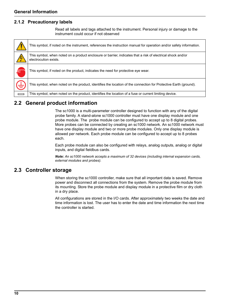 2 precautionary labels, 2 general product information, 3 controller storage | Hach sc1000 User Manual | Page 12 / 150