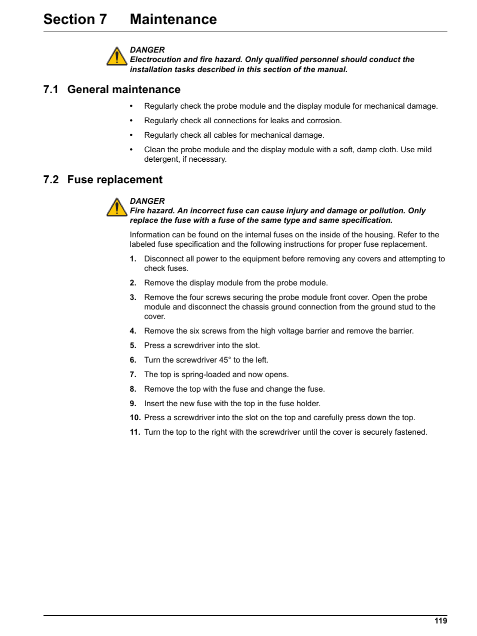 Section 7 maintenance, 1 general maintenance, 2 fuse replacement | 1 general maintenance 7.2 fuse replacement | Hach sc1000 User Manual | Page 121 / 150
