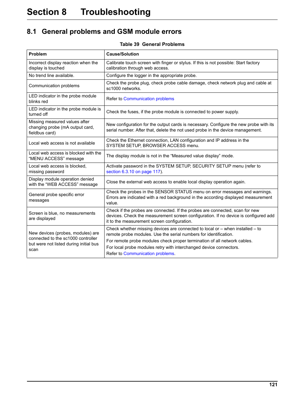 Section 8 troubleshooting, 1 general problems and gsm module errors, Section 8 | Hach sc1000 User Manual | Page 123 / 150