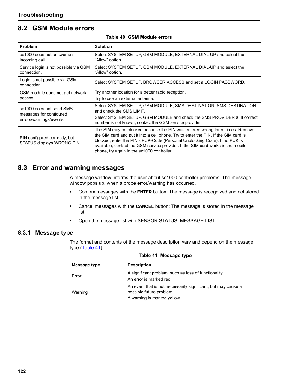 2 gsm module errors, 3 error and warning messages, 1 message type | 2 gsm module errors 8.3 error and warning messages, Troubleshooting | Hach sc1000 User Manual | Page 124 / 150