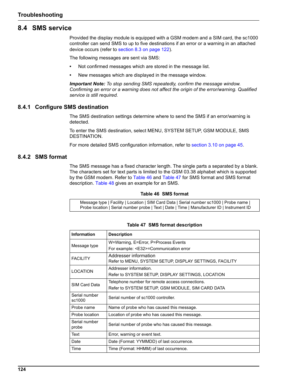4 sms service, 1 configure sms destination, 2 sms format | 1 configure sms destination 8.4.2 sms format, Troubleshooting | Hach sc1000 User Manual | Page 126 / 150