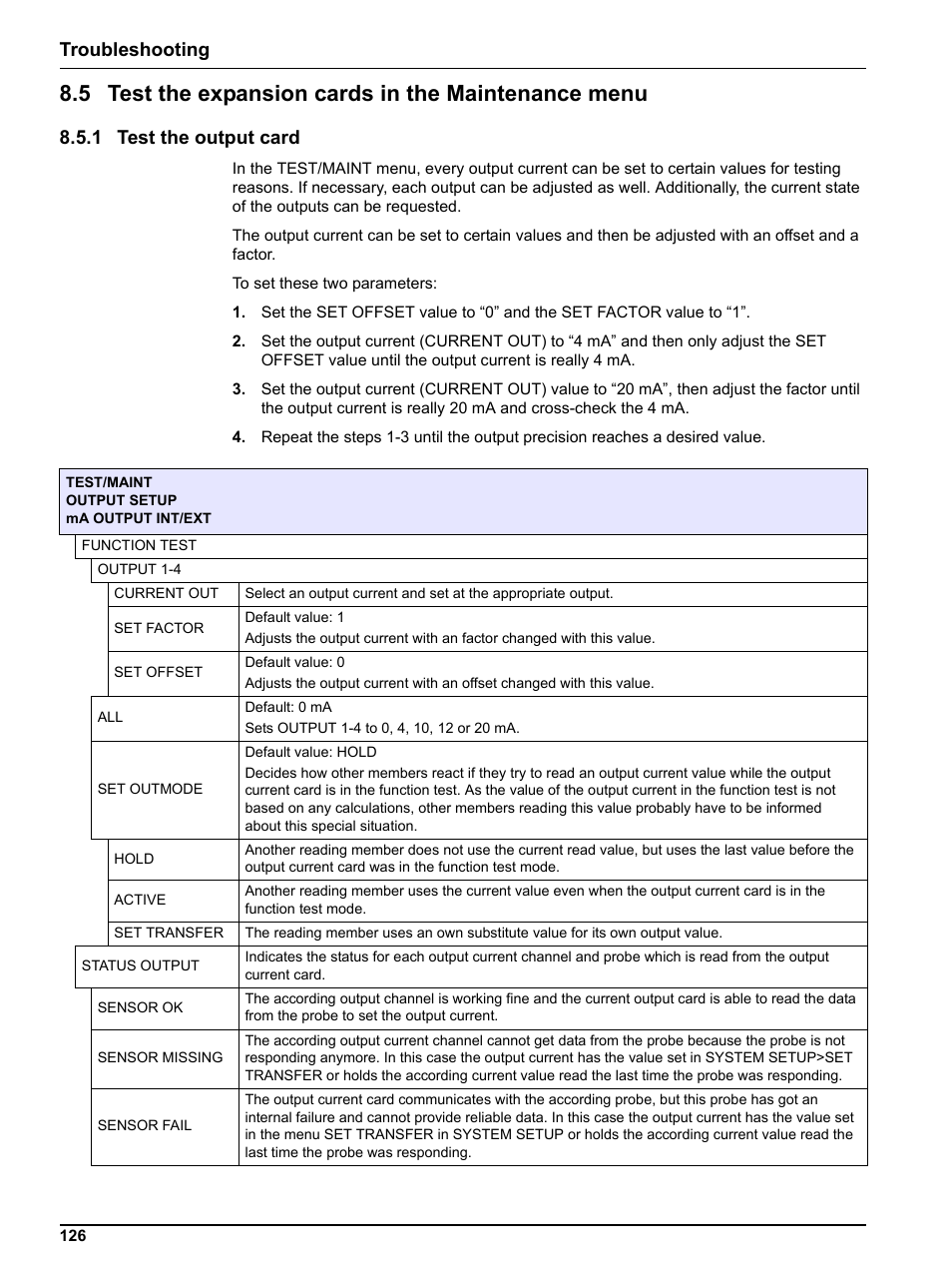 5 test the expansion cards in the maintenance menu, 1 test the output card, Troubleshooting | Hach sc1000 User Manual | Page 128 / 150