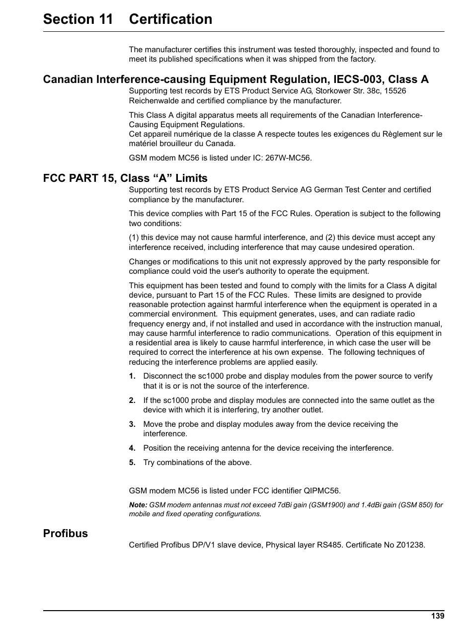 Section 11 certification, Fcc part 15, class “a” limits, Profibus | Hach sc1000 User Manual | Page 141 / 150