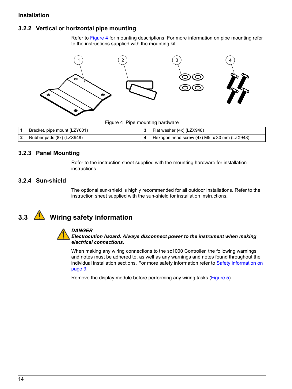 2 vertical or horizontal pipe mounting, 3 panel mounting, 4 sun-shield | 3 wiring safety information | Hach sc1000 User Manual | Page 16 / 150
