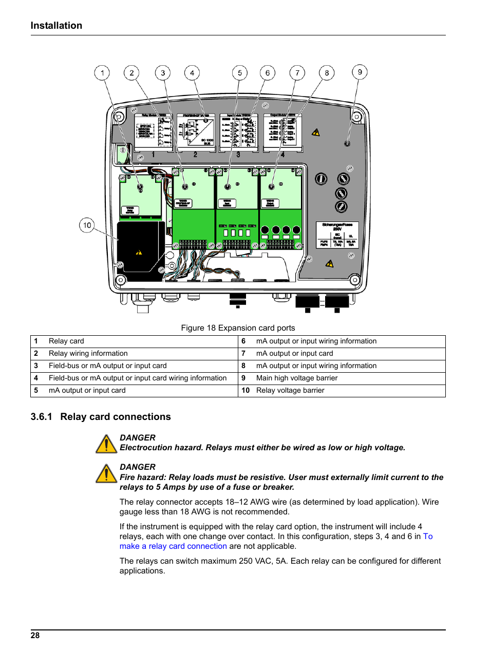 1 relay card connections, Installation 3.6.1 relay card connections | Hach sc1000 User Manual | Page 30 / 150