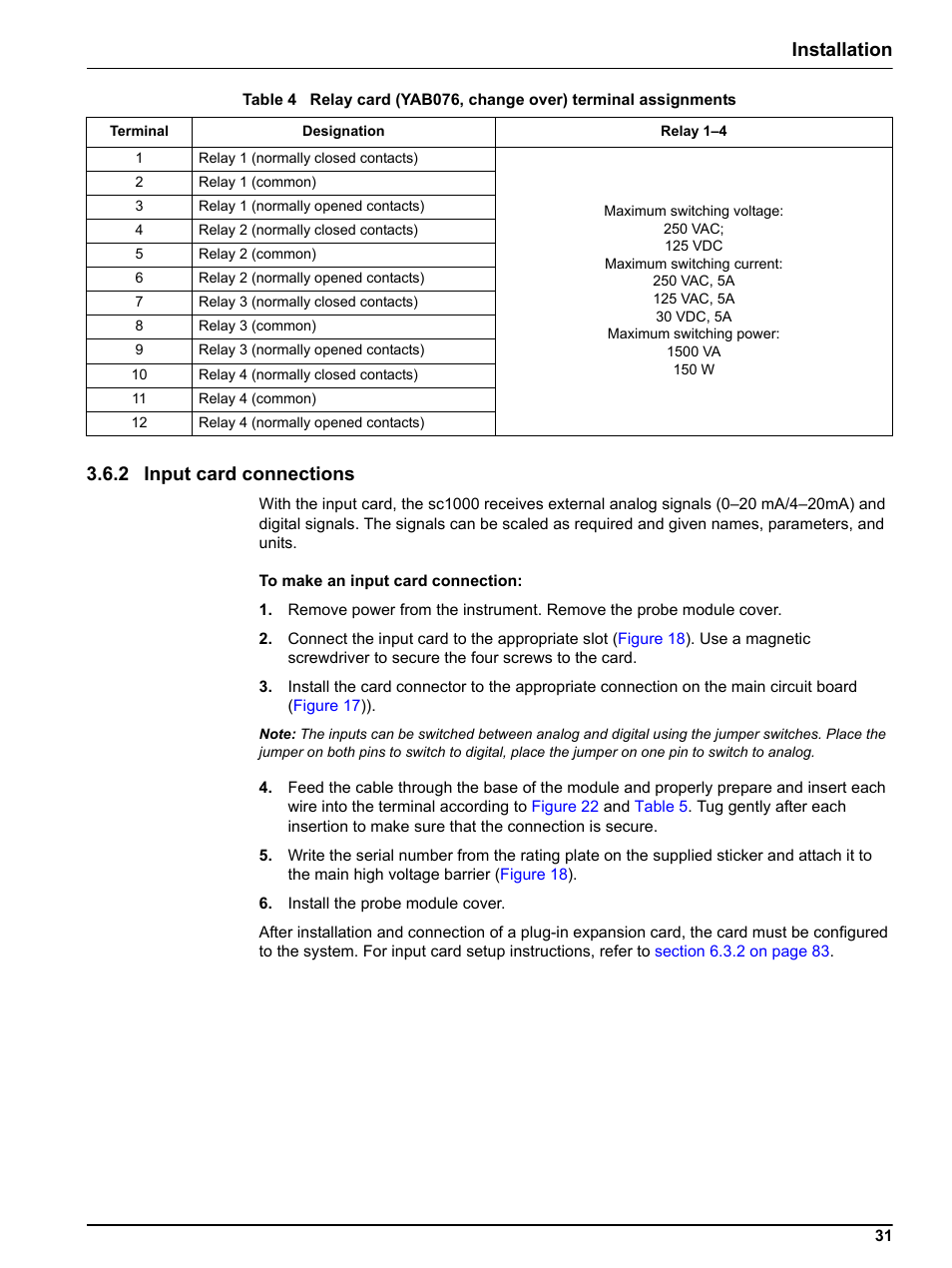 2 input card connections, Table, Installation 3.6.2 input card connections | Hach sc1000 User Manual | Page 33 / 150
