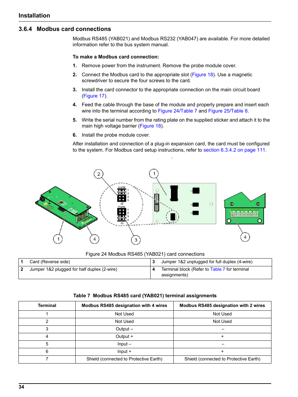4 modbus card connections, Installation 3.6.4 modbus card connections | Hach sc1000 User Manual | Page 36 / 150