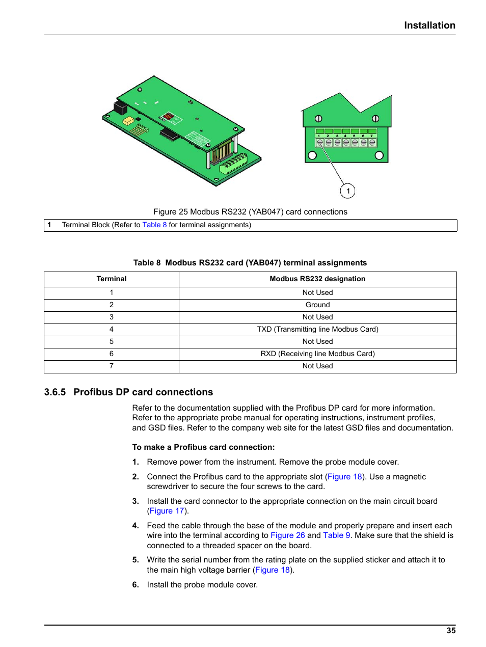 5 profibus dp card connections, Figure 25, Table 8 | Installation 3.6.5 profibus dp card connections | Hach sc1000 User Manual | Page 37 / 150