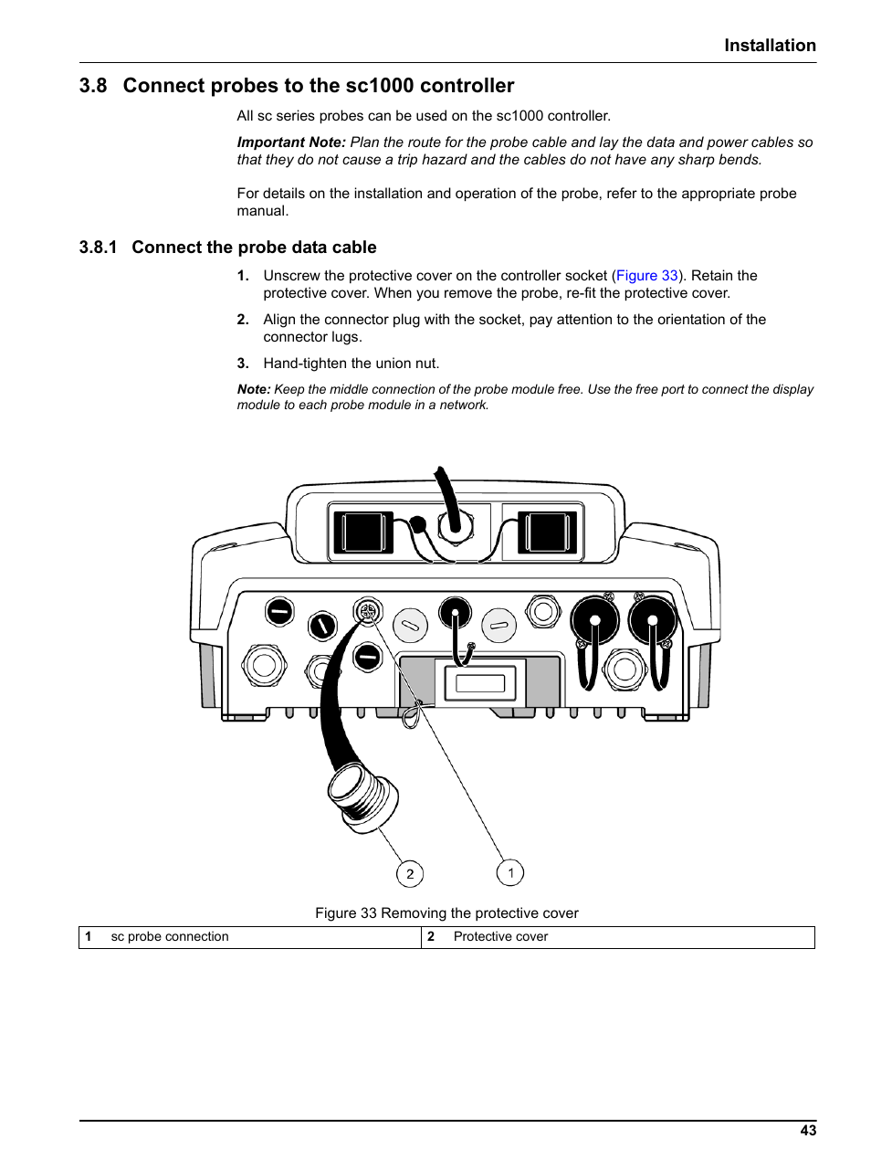 8 connect probes to the sc1000 controller, 1 connect the probe data cable, Installation | Hach sc1000 User Manual | Page 45 / 150