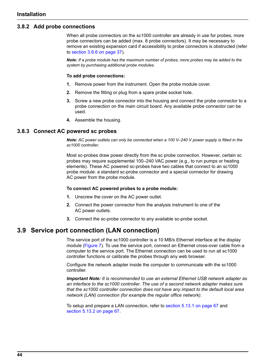 2 add probe connections, 3 connect ac powered sc probes, 9 service port connection (lan connection) | Installation 3.8.2 add probe connections | Hach sc1000 User Manual | Page 46 / 150