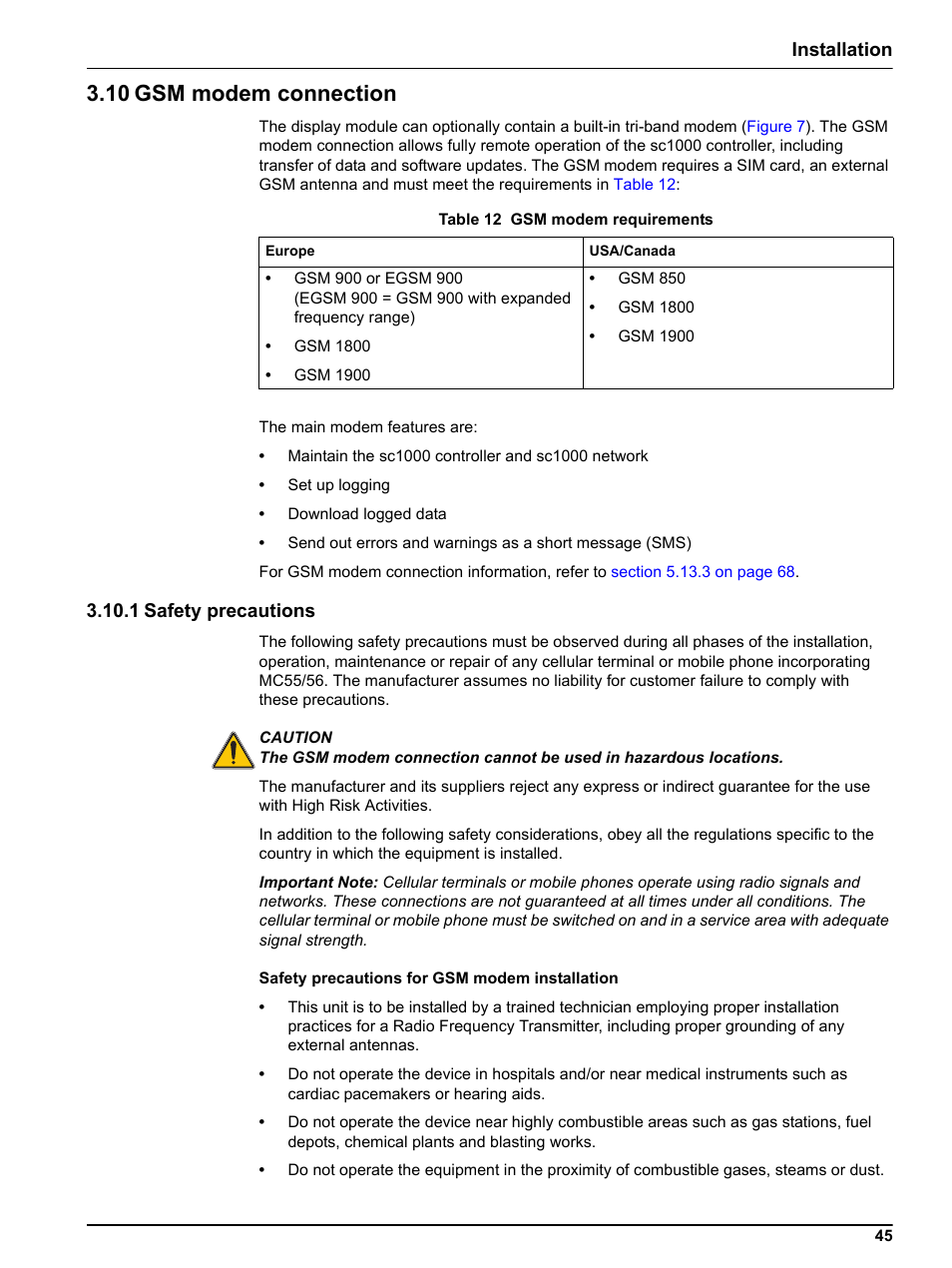 10 gsm modem connection, 1 safety precautions, Installation | Hach sc1000 User Manual | Page 47 / 150