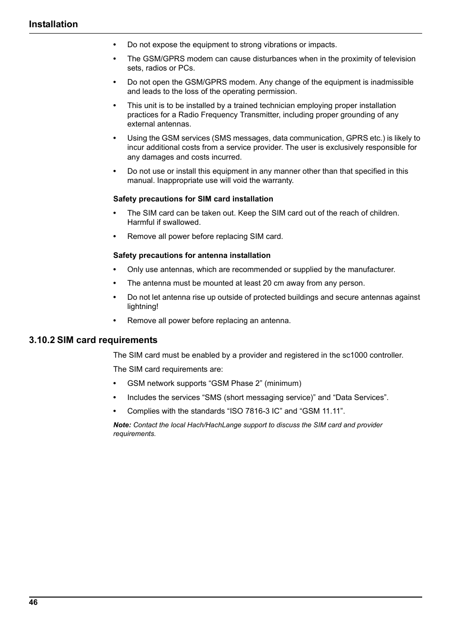 2 sim card requirements, Installation | Hach sc1000 User Manual | Page 48 / 150