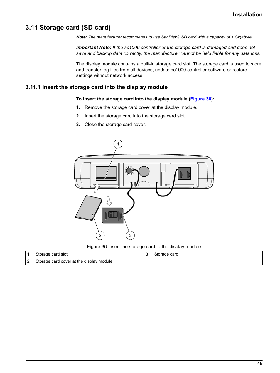 11 storage card (sd card), 1 insert the storage card into the display module, Installation | Hach sc1000 User Manual | Page 51 / 150