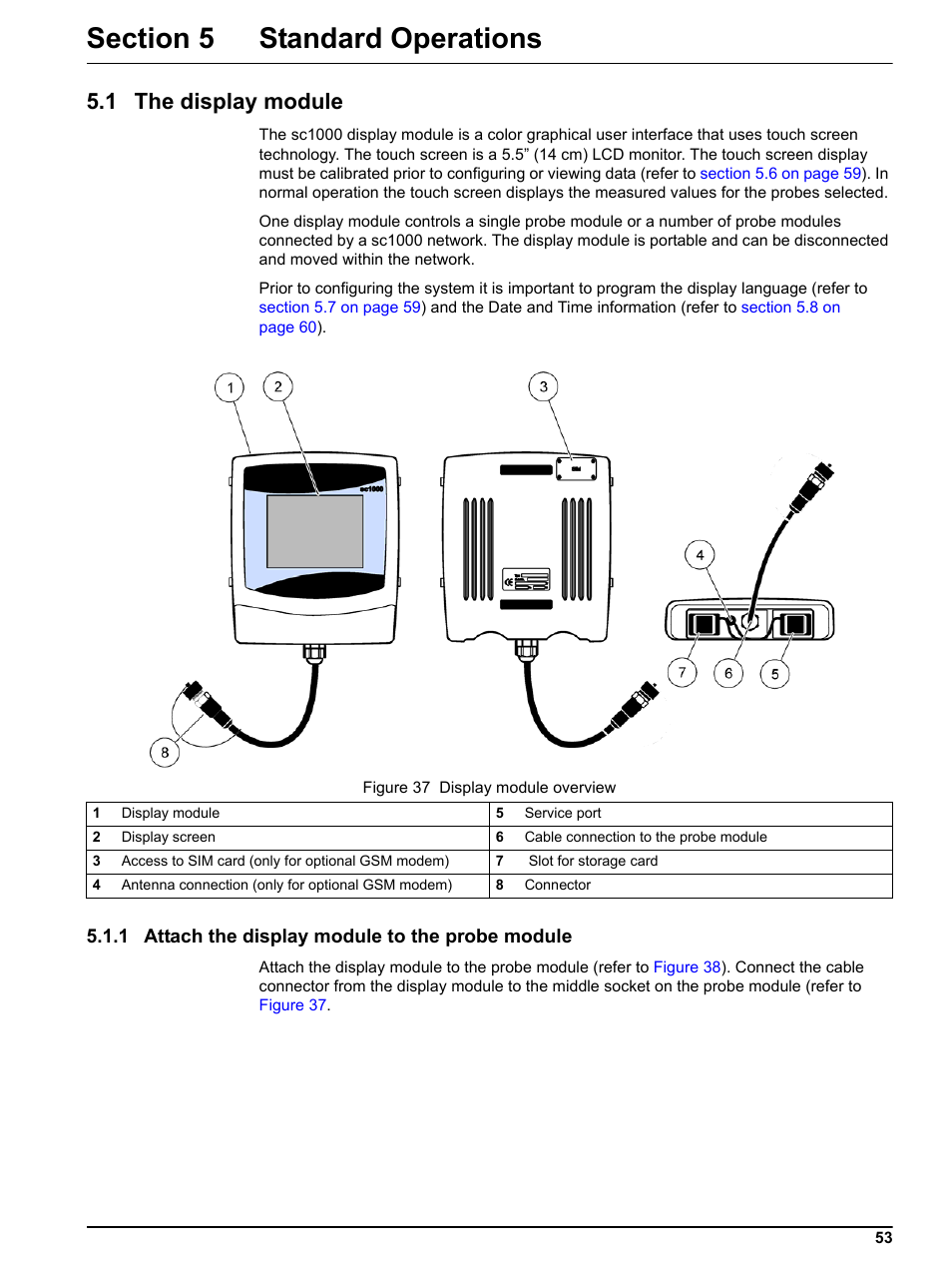 Section 5 standard operations, 1 the display module, 1 attach the display module to the probe module | Hach sc1000 User Manual | Page 55 / 150