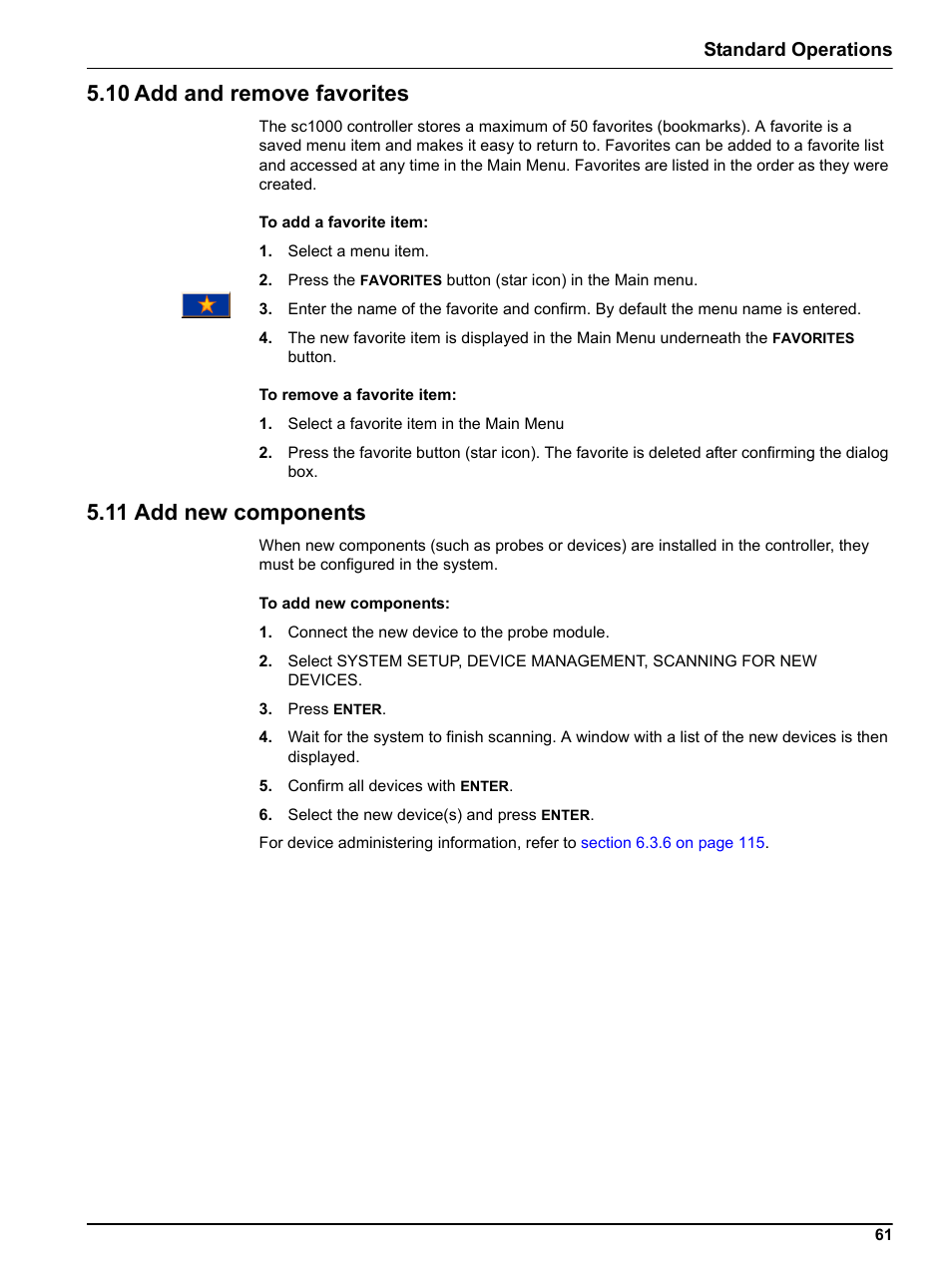 10 add and remove favorites, 11 add new components, Standard operations | Hach sc1000 User Manual | Page 63 / 150