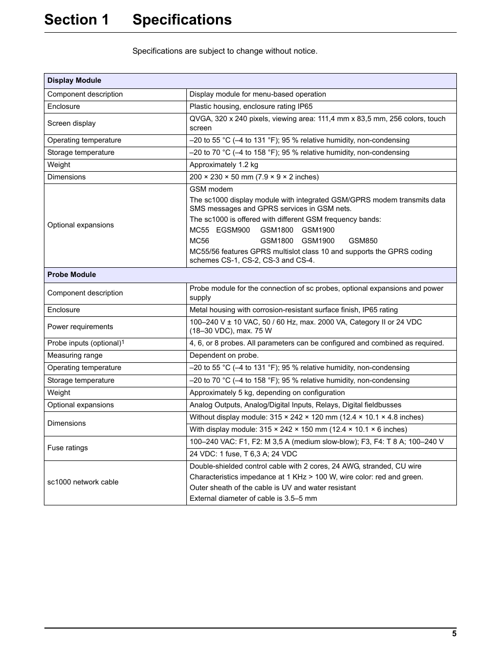 Section 1 specifications | Hach sc1000 User Manual | Page 7 / 150