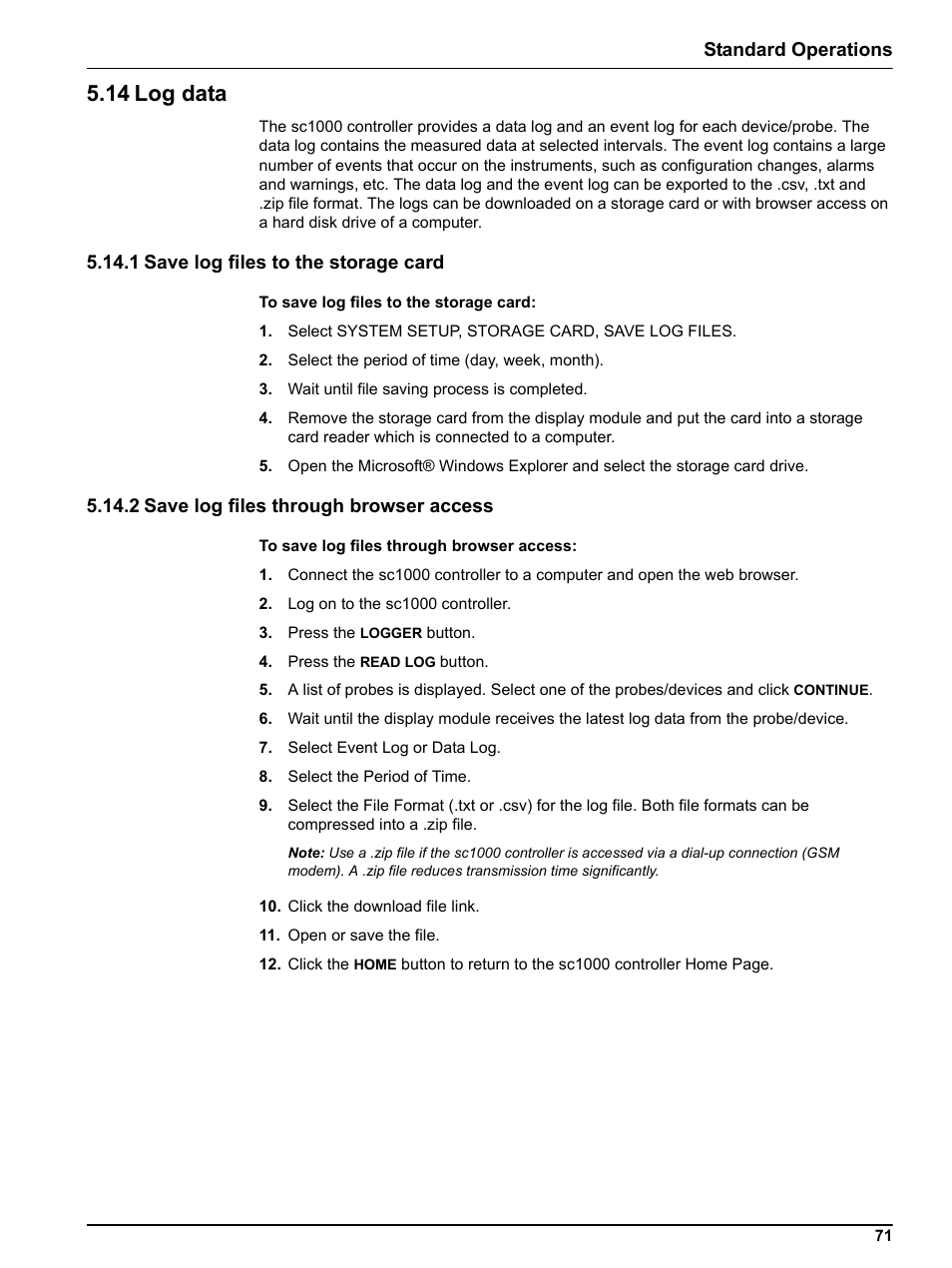 14 log data, 1 save log files to the storage card, 2 save log files through browser access | Standard operations | Hach sc1000 User Manual | Page 73 / 150